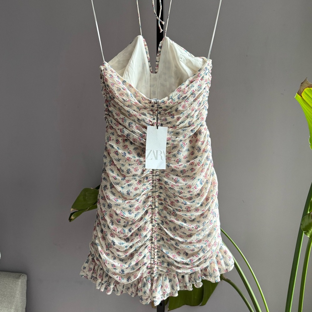 ZARA Metallic Floral Ruched Halter Mini Dress women’s XS NWT - Picture 12 of 15